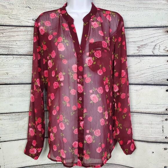 KUT from the Kloth Women’s M Burgundy Sheer Rose Floral Button Front Blouse Long - Picture 1 of 6